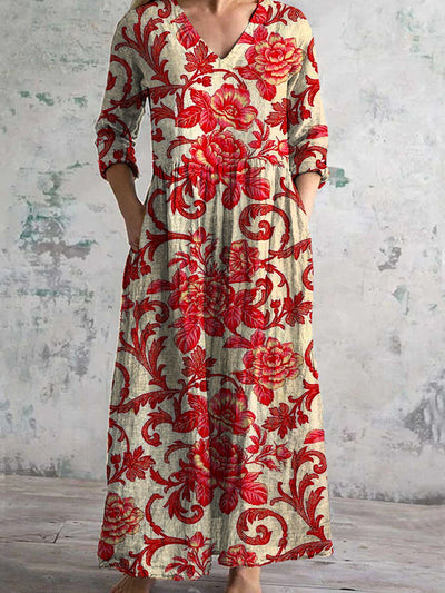 Vintage Floral Art Print Chic V-Neck Three Quarter Sleeve Elegant Midi Dress