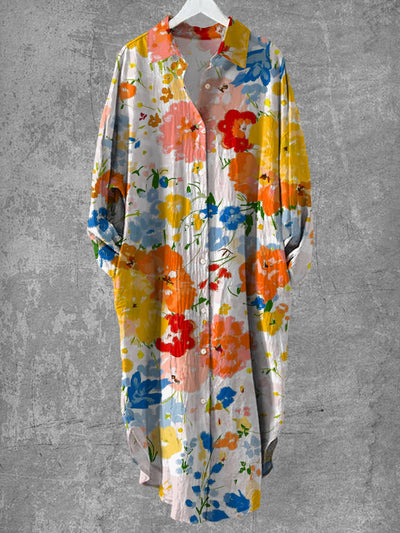 Vintage Floral Art Print Chic Long Sleeve Casual V-Neck Button Loose Shirt Dress