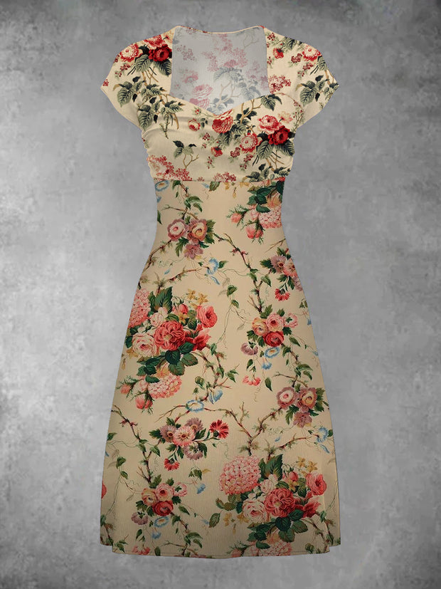 Vintage Floral Art Print Elegant Chic Short Sleeve Fan Dress