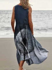 Women's Casual Round Neck Dandelion Print Sleeveless Midi Dress