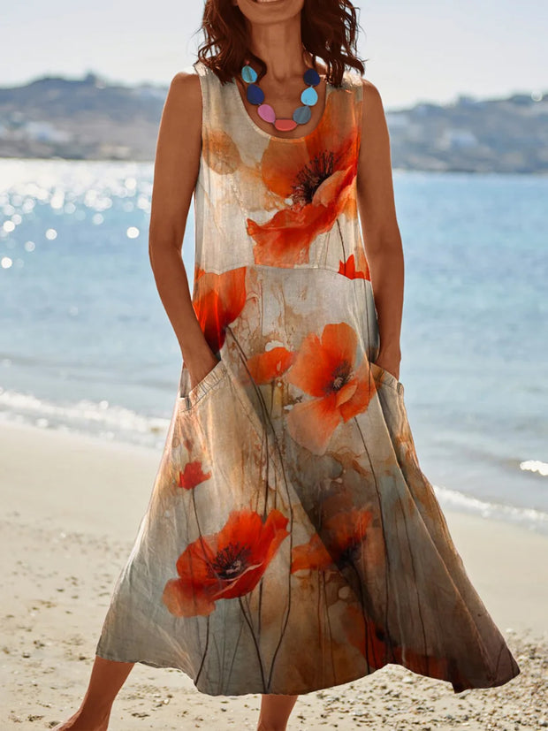 Women's Casual Round Neck Poppy Print Sleeveless Midi Dress