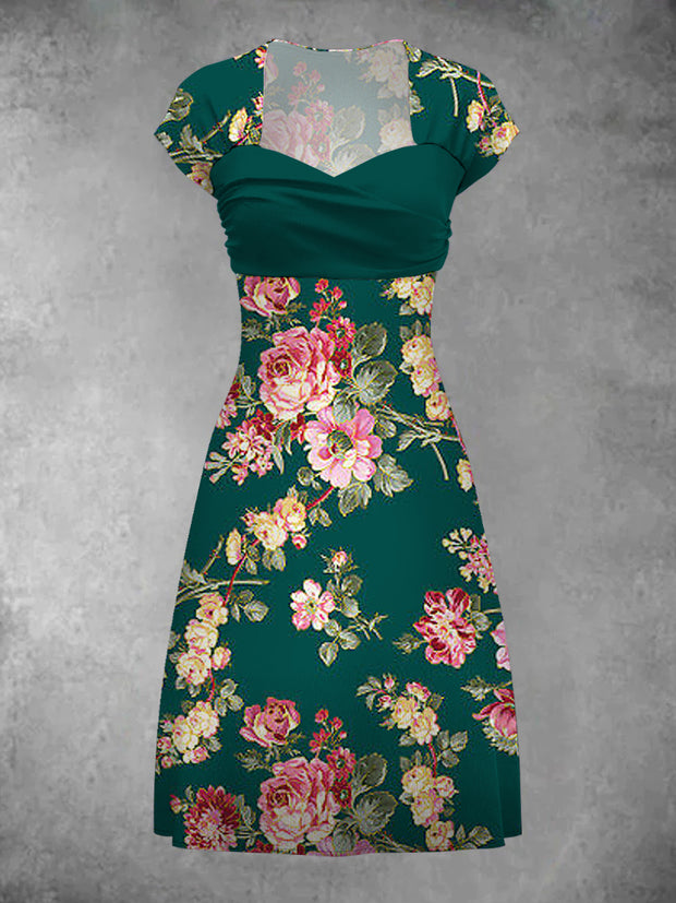 Vintage Floral Art Print Elegant Chic Short Sleeve Fan Dress