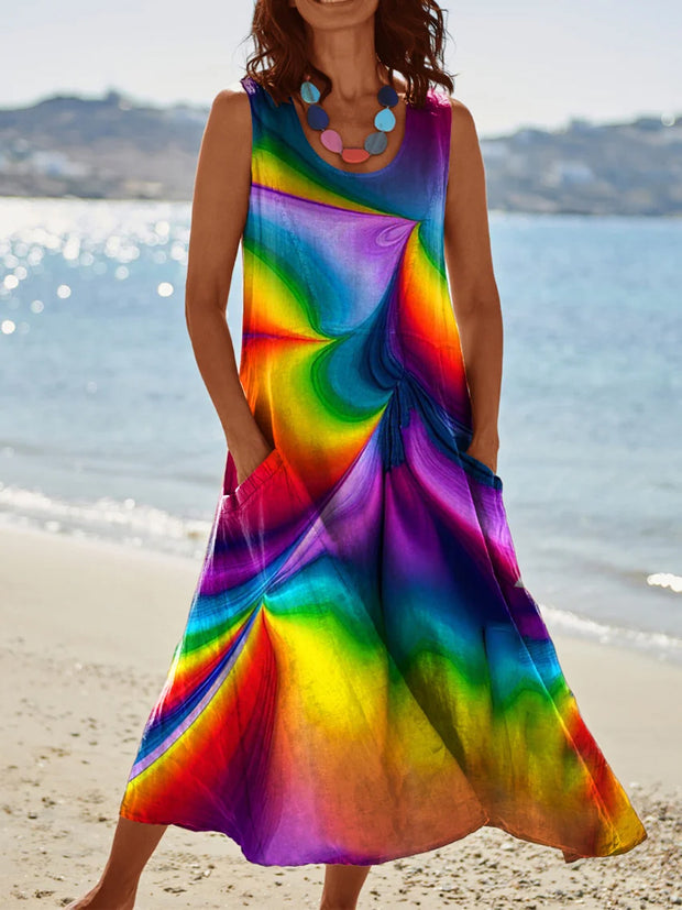 Women's Casual Round Neck Art Print Sleeveless Midi Dress