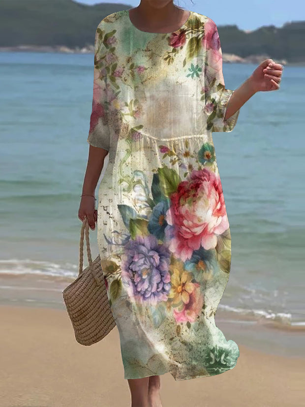 Vintage Floral Art Print Chic Round Neck Three Quarter Sleeve Elegant Midi Dress