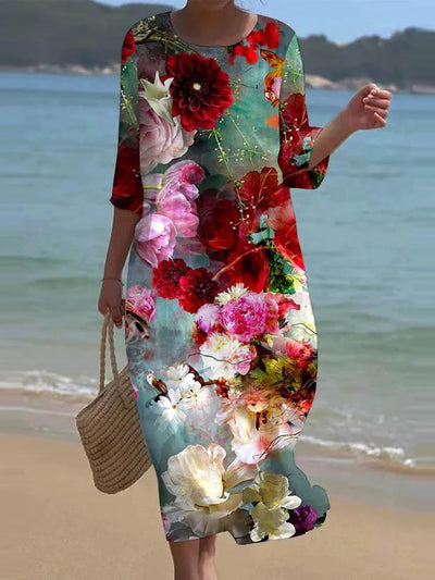 Women's Casual Round Neck Floral Art Print Short Sleeve Midi Dress