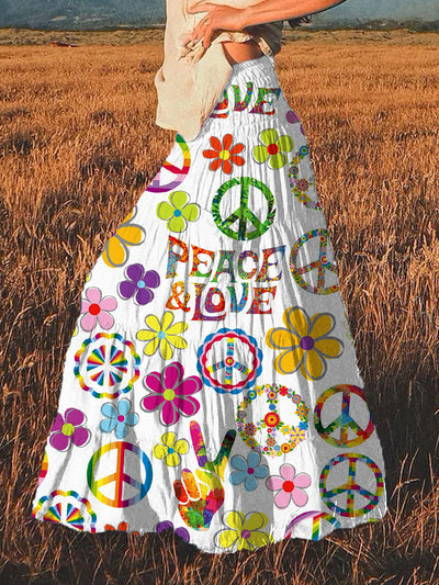 Women's Vintage Hippie Art Print Pocket Flowing Skirt