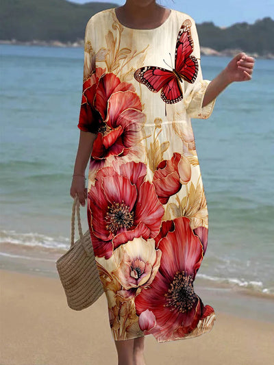 Women's Casual Round Neck Floral Art Print Short Sleeve Midi Dress