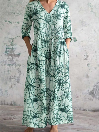 Green Floral Art Print Chic V Neck Long Sleeve Elegant Midi Dress
