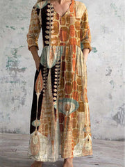 Vintage Art Print Chic V-Neck Long Sleeve Elegant Midi Dress