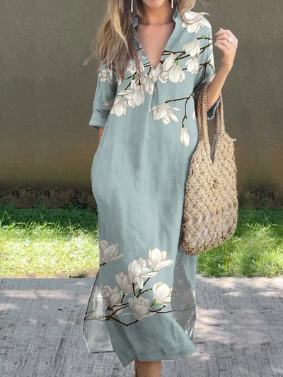 Retro Floral Design Printed V-Neck Elegant Chic Loose Long Sleeve Maxi Dress