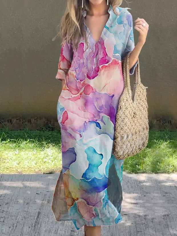 Fantasy Abstract Color Printed V-Neck Elegant Chic Loose Long Sleeve Maxi Dress