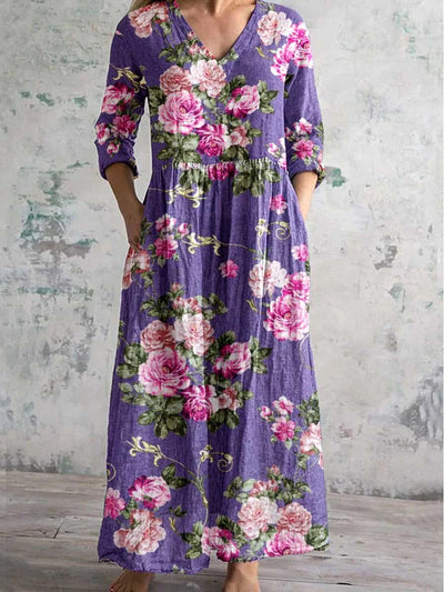 Purple Floral Art Print Chic V-Neck Long Sleeve Elegant Midi Dress