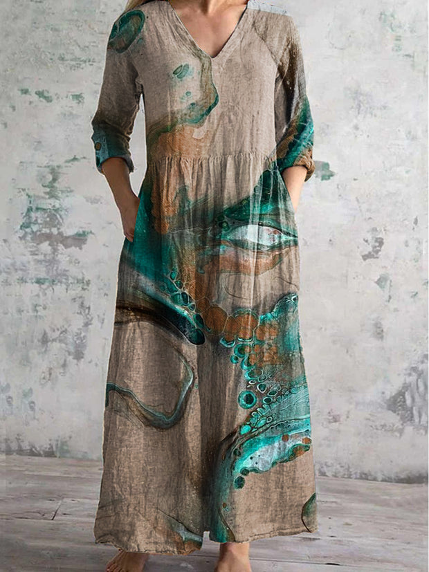 Floral Art Print Chic V Neck Long Sleeve Elegant Midi Dress