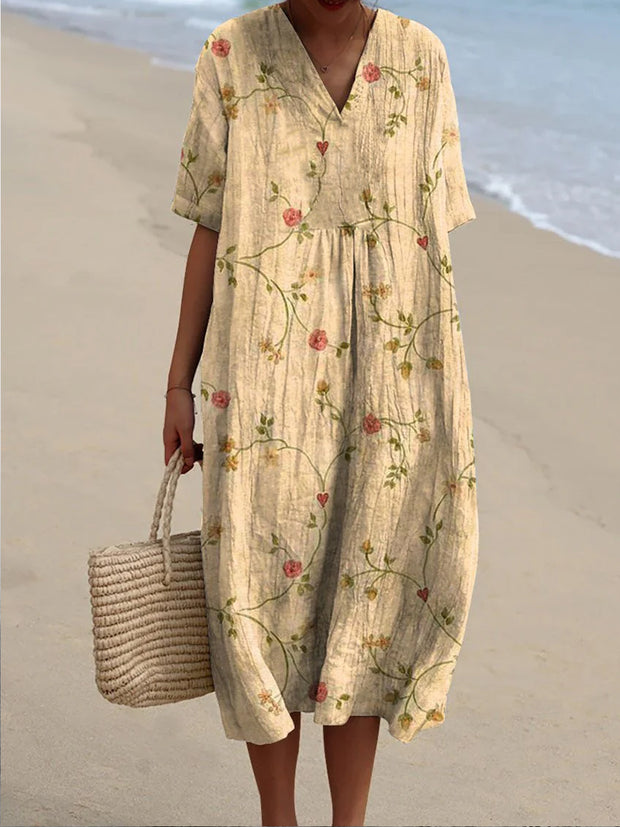 Retro Floral Design Printed V-Neck Elegant Chic Loose Short Sleeve Midi Dress