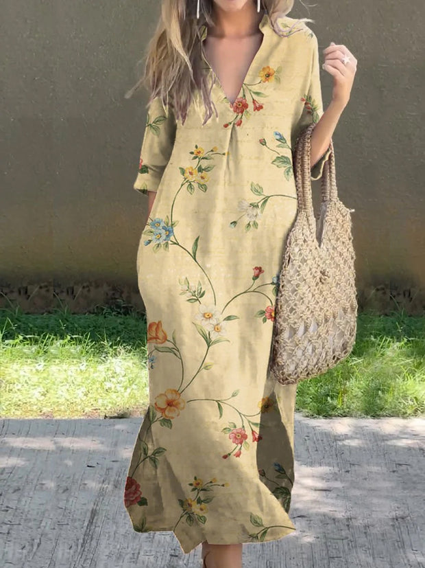 Retro Floral Design Printed V-Neck Elegant Chic Loose Long Sleeve Maxi Dress