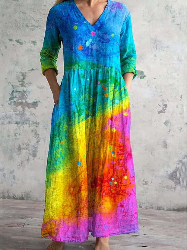 Colorful Ombre Art Print Chic V-Neck Long Sleeve Elegant Midi Dress