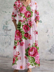 Floral Art Print Chic V Neck Long Sleeve Elegant Midi Dress
