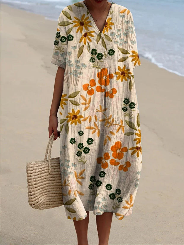 Retro Floral Design Printed V-Neck Elegant Chic Loose Short Sleeve Midi Dress