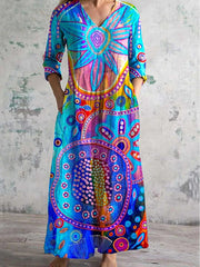 Bohemian Ombre Art Print Chic V-Neck Long Sleeve Elegant Midi Dress