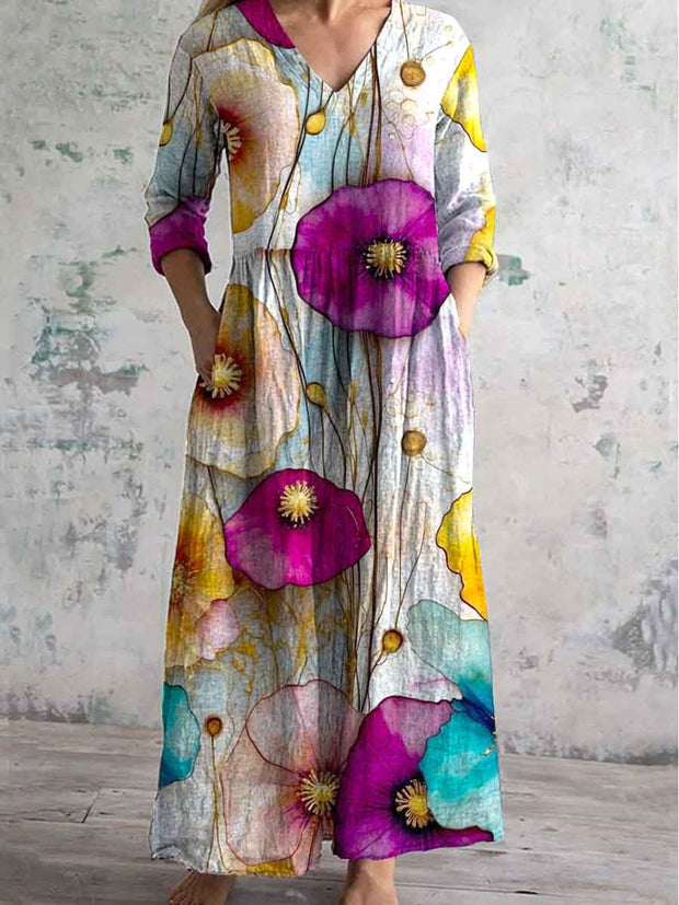 Floral Ombre Art Print Chic V-Neck Long Sleeve Elegant Midi Dress