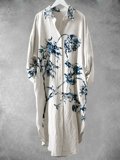 Floral Art Print Elegant Vintage Lapel Loose Long Sleeve Midi Shirt Dress