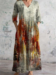 Vintage Fluid Art Print Chic V-Neck Long Sleeve Elegant Midi Dress