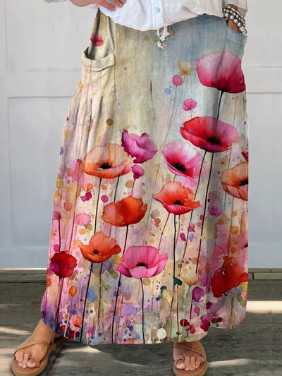 Women's Vintage Floral Art Printed Elastic Waist Pocket Casual Skirt