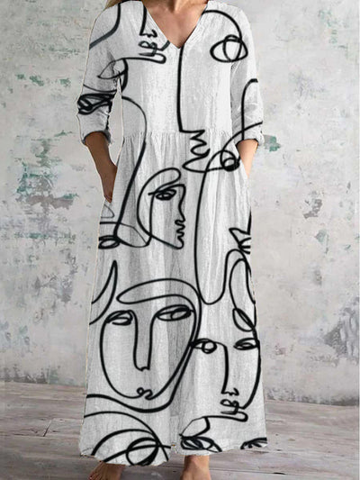 Vintage Face Art Print Chic V-Neck Long Sleeve Elegant Midi Dress