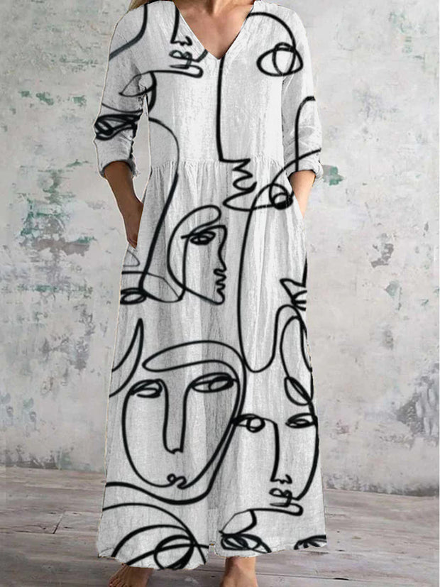 Vintage Face Art Print Chic V-Neck Long Sleeve Elegant Midi Dress