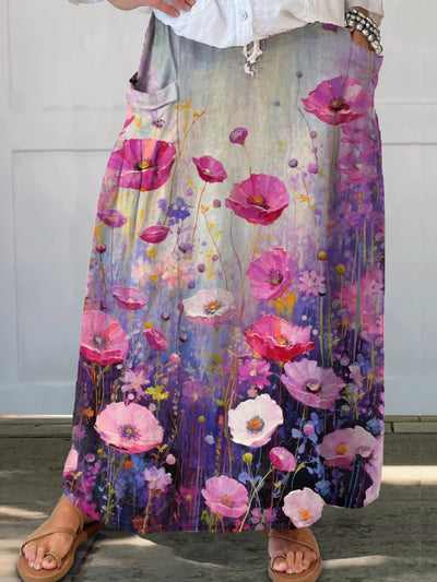Women's Vintage Floral Art Printed Elastic Waist Pocket Casual Skirt