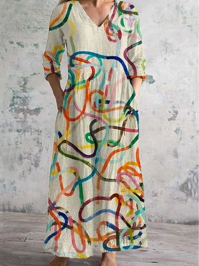 Vintage fluid line art print chic V-neck long sleeve elegant midi dress