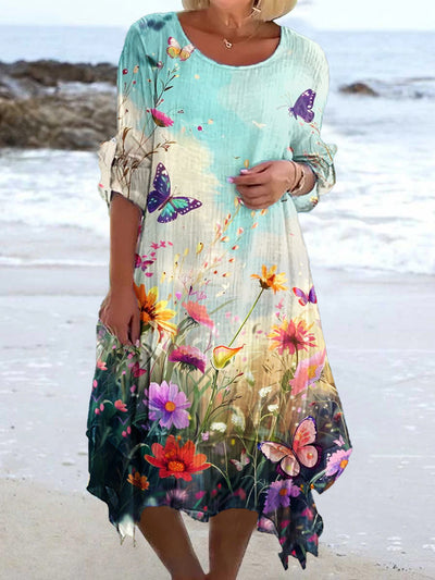 Vintage Floral Art Print Chic Three Quarter Sleeve Round Neck Elegant Midi Dress