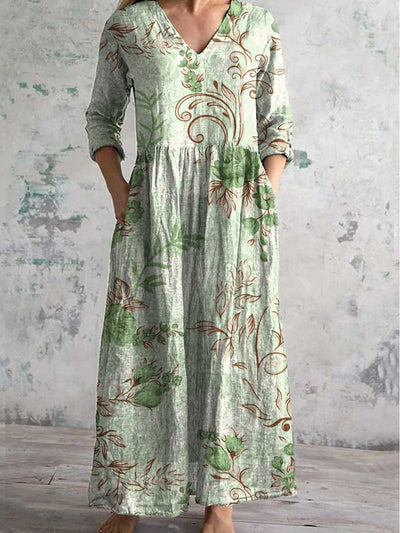 Printed V-Neck Vintage Fashion Long Sleeve Midi Dress