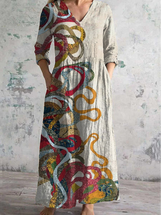 Vintage Fluid Line Art Print Chic V-Neck Long Sleeve Elegant Midi Dress