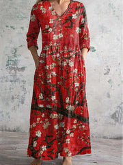 Vintage Floral Art Print Chic V-Neck Long Sleeve Elegant Midi Dress