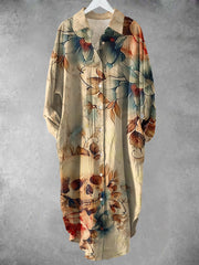 Punk Floral Art Print Elegant Vintage Lapel Loose Long Sleeve Midi Shirt Dress
