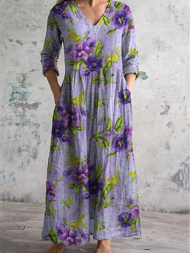 Vintage Floral Art Printed Chic V-Neck Three-Quarter Sleeve Elegant Midi Dress