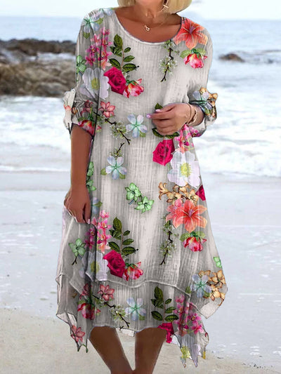 Vintage Floral Art Print Chic Three Quarter Sleeve Round Neck Elegant Midi Dress