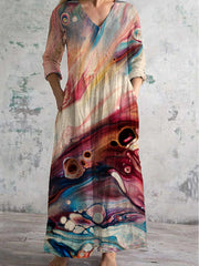 Vintage Marble Fluid Art Print Chic V-Neck Long Sleeve Elegant Midi Dress