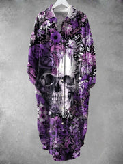 Punk Floral Art Print Elegant Vintage Lapel Loose Long Sleeve Midi Shirt Dress
