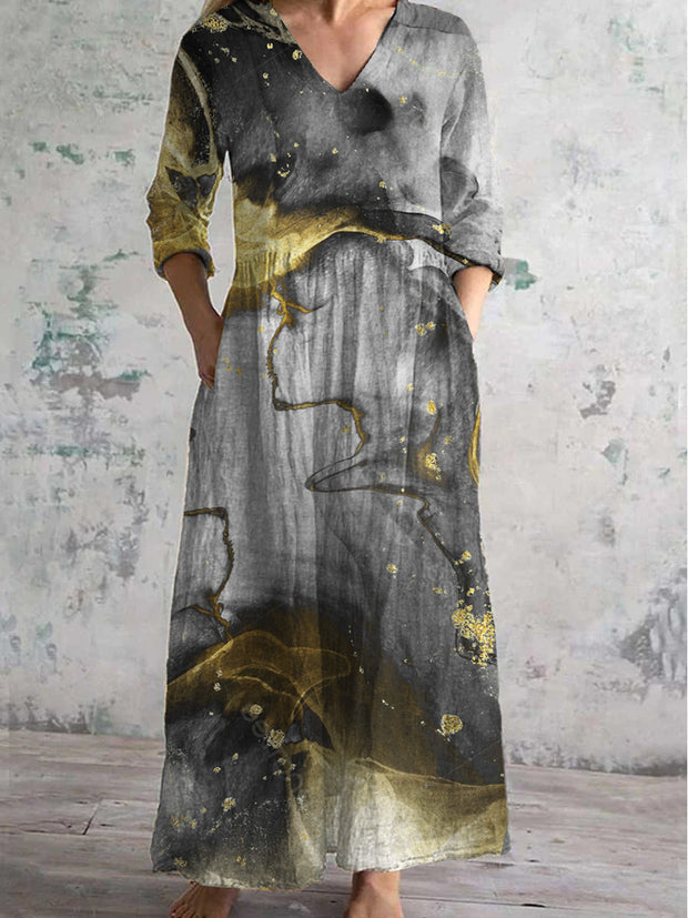 Vintage Marble Fluid Art Print Chic V-Neck Long Sleeve Elegant Midi Dress