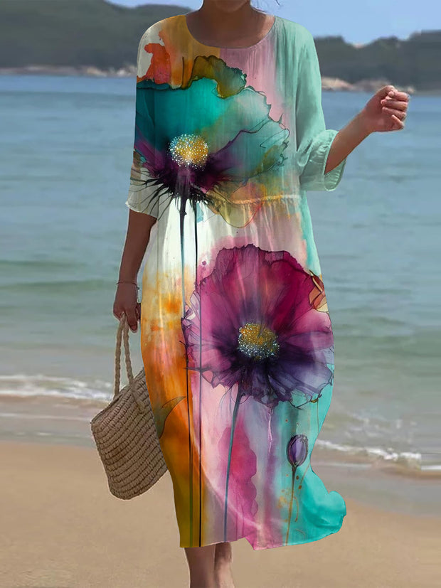 Retro Floral Art Print Chic Round Neck Three Quarter Sleeve Elegant Midi Dress