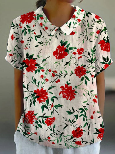 Women's Vintage Floral Art Print Casual Short Sleeve Shirt Tops