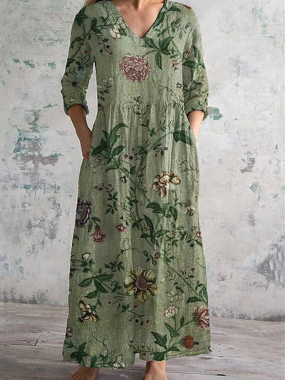 Vintage Floral Art Print Chic V Neck Elegant Midi Dress with Three Quarter Sleeves