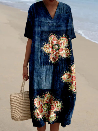 Retro Floral Printed V-Neck Elegant Chic Loose Short Sleeve Midi Dress