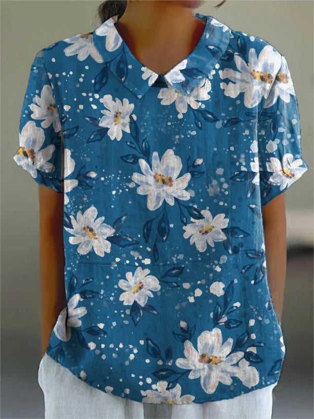 Retro Floral Printed Vintage Art Short Sleeve Shirt Collar Top