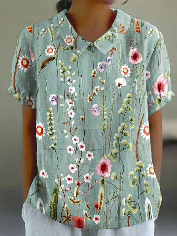 Retro Floral Printed Vintage Art Short Sleeve Shirt Collar Top