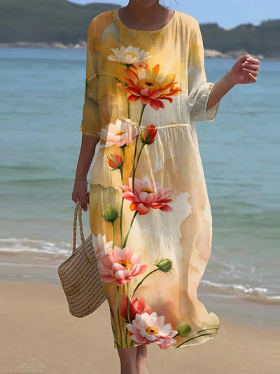 Vintage Floral Art Print Chic Round Neck Three Quarter Sleeves Elegant Midi Dress