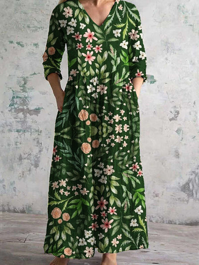 Vintage Floral Art Print Chic V Neck Three Quarter Sleeves Elegant Midi Dress