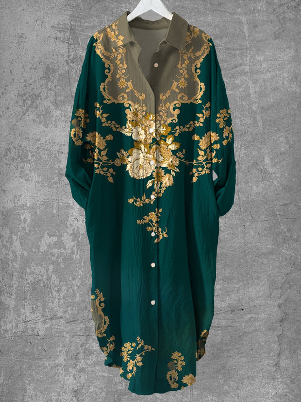 Vintage Floral Art Print Chic Long Sleeve Casual V Neck Button Loose Shirt Dress